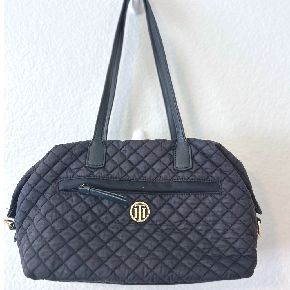 Tommy Hilfiger Quilted Nylon Tote Bag Black Gold Logo Shoulder Bag